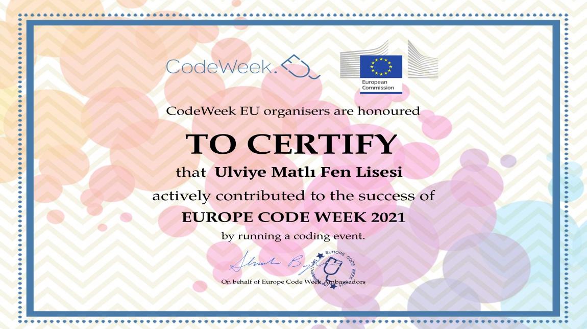 9-21 Ekim 2021 Codeweek Haftası Katılım Sertifikamızı Aldık