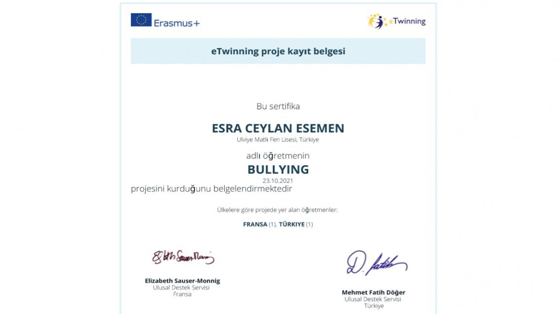 Uluslararası e-twinning projemiz : BULLYING Onaylandı